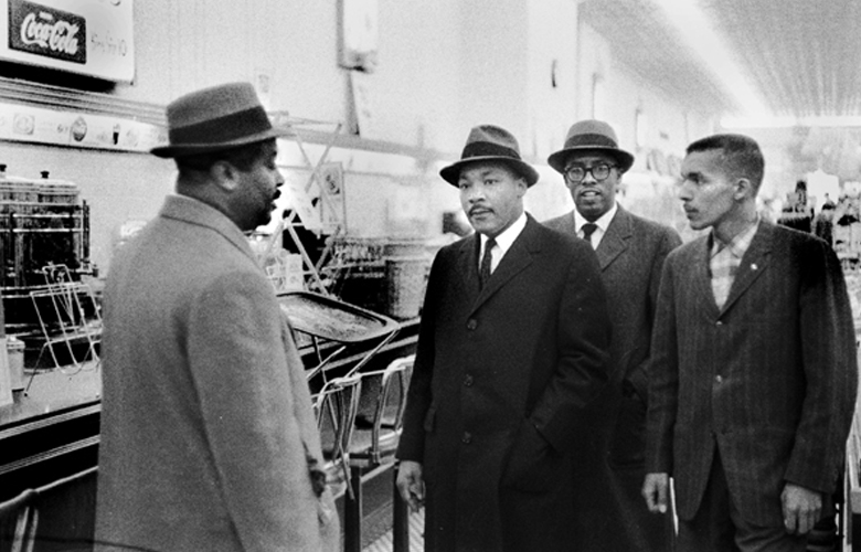 From left to right: Rev. Abernathy, Rev. Dr. King, Rev. Moore, and Lacy Streeter at the Durham Woolworth’s Department Store.